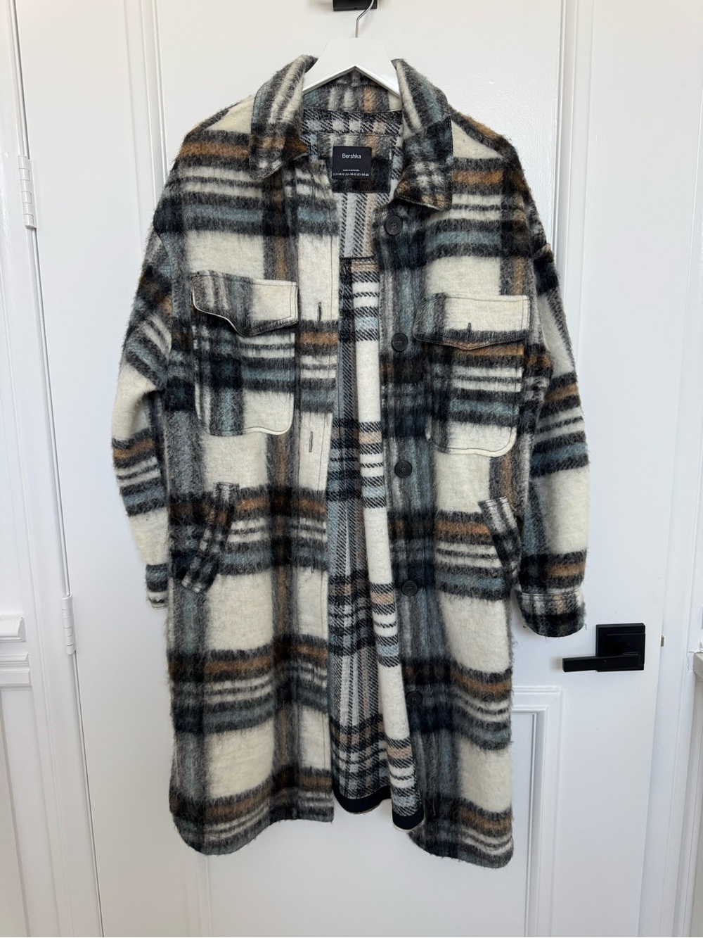 Bershka Oversized Plaid Shacket in Cream, Black, Brown